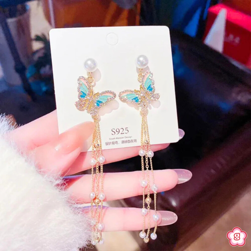 blue butterfly earrings with pearl studs