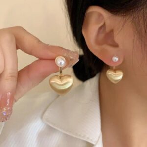 Golden Heart Pearl Drop Earrings