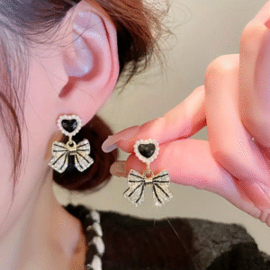 Black Heart & Bow Korean Drop Earrings