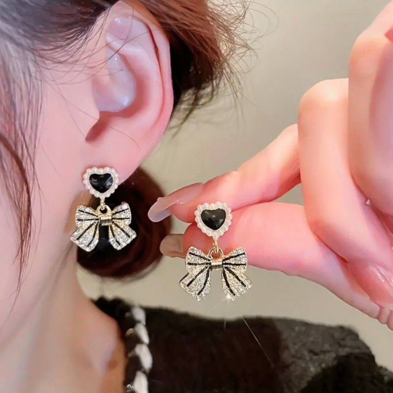 Black Heart & Bow Korean Drop Earrings