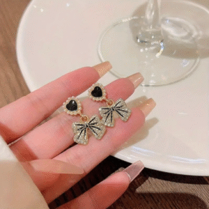 Black Heart & Bow Korean Drop Earrings