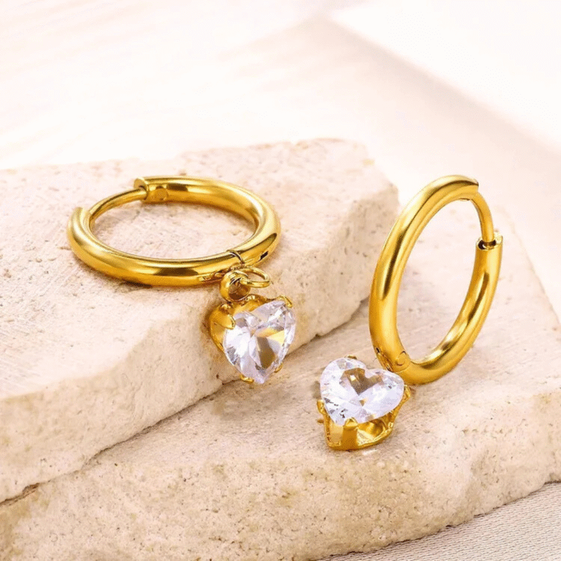Crystal Heart Charm Hoops - Anti-Tarnish