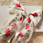 Red Floral Embroidered Lace Bow Hair Clip