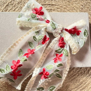 Red Floral Embroidered Lace Bow Hair Clip
