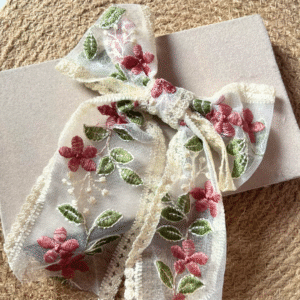 Dusty Rose Floral Embroidered Lace Bow Hair Clip