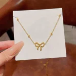 DY PS 26378 M F4 2x 3000x Gold Bow Anti-Tarnish Pendant Necklace