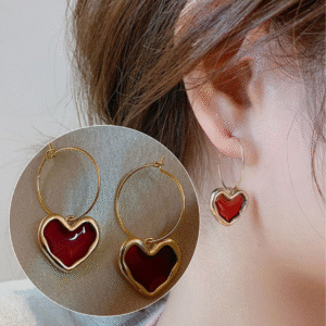 Crimson Love Heart Hoop Earrings