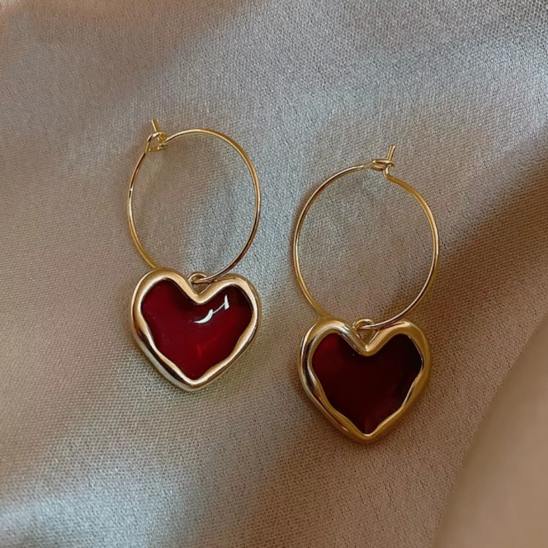 Crimson Love Heart Hoop Earrings