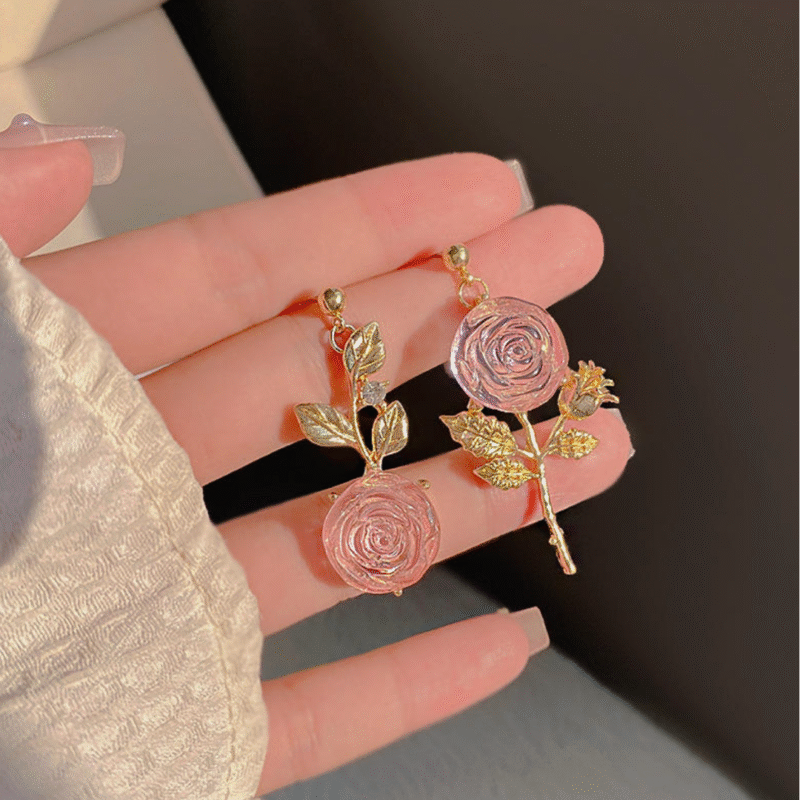 Pink Rose Bloom Earrings